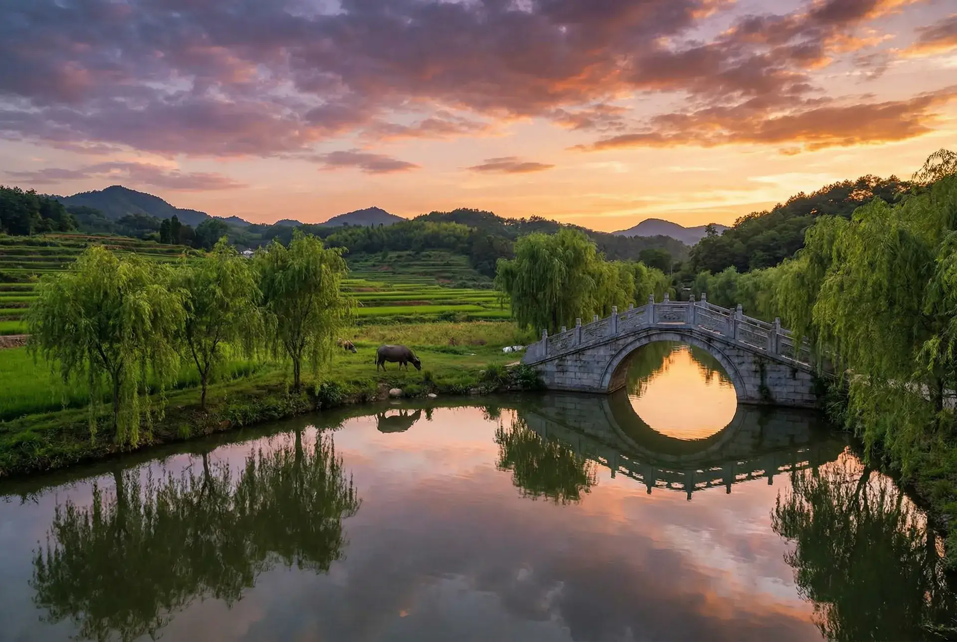 夕阳下的石拱桥与垂柳，水牛在河边吃草 - 禁室培欲7 乡村美景